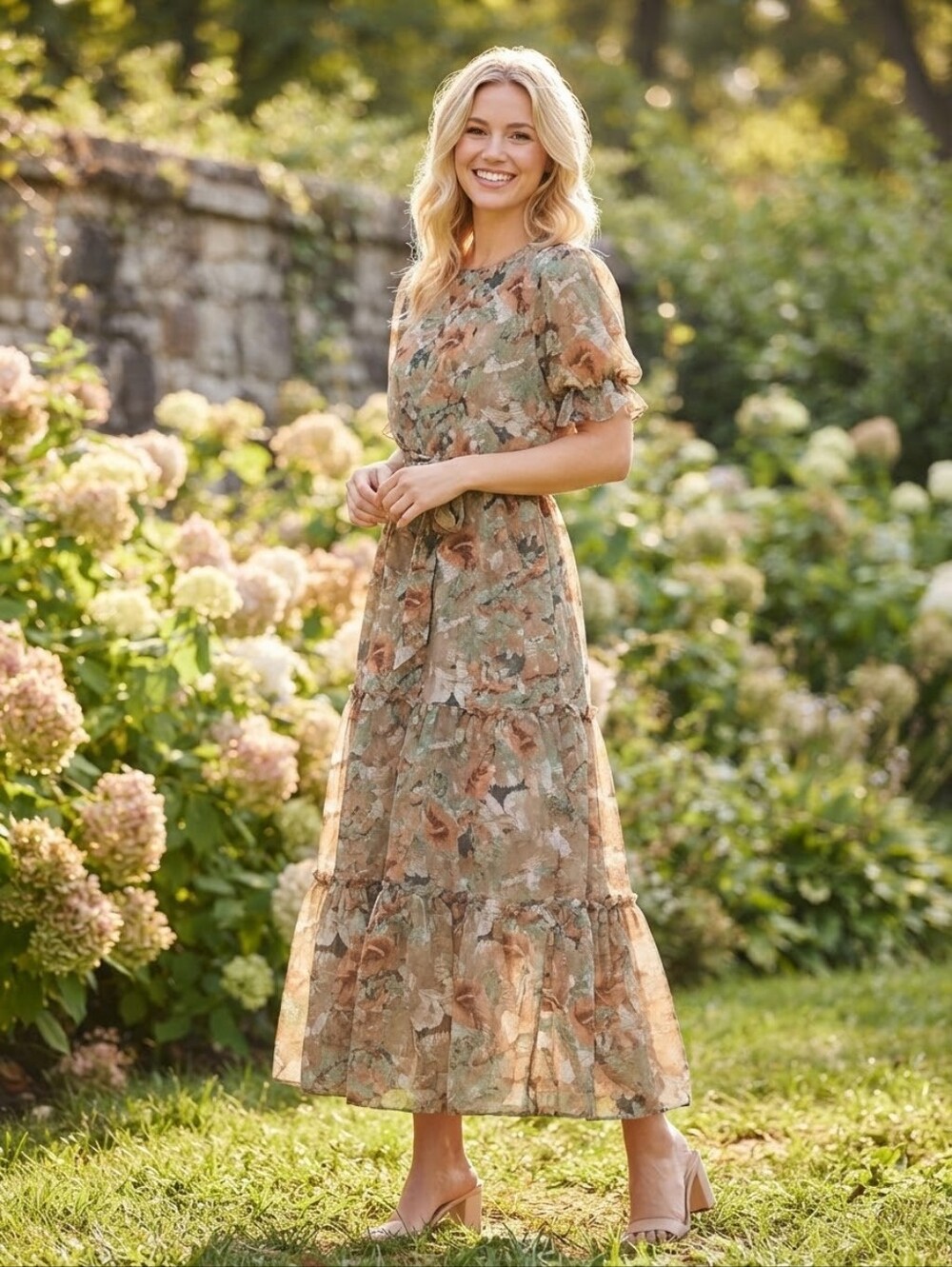 JessaKae Sage Green Brown Floral Tiered Maxi Dress Small Cottagecore Prairie.